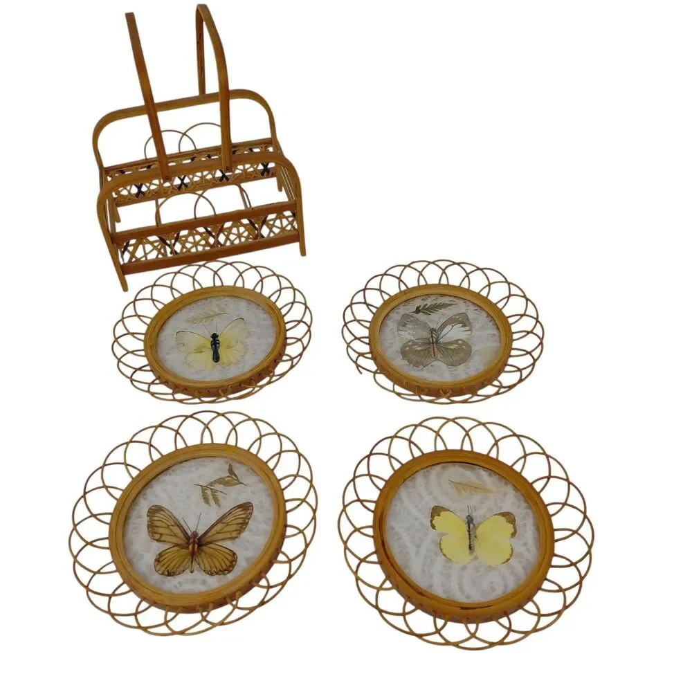 Pressed Butterfly Rattan Wicker Coasters Caddy Set Of 4 MCM Taiwan Barware